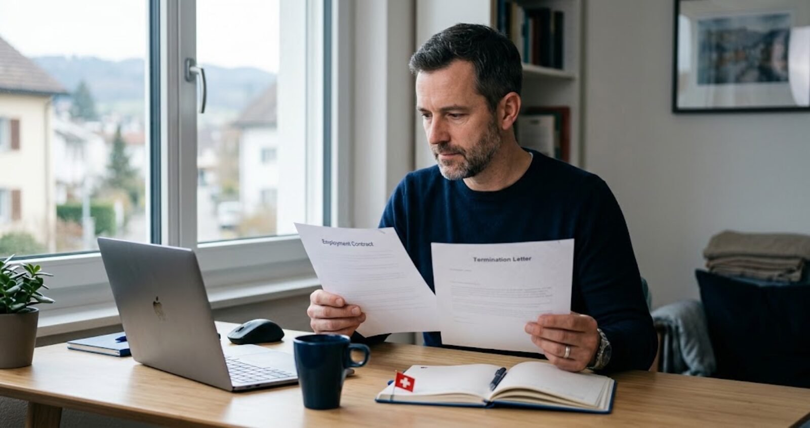 Employé frontalier vérifiant son contrat lors d'un licenciement en Suisse